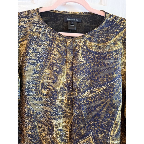 Lafayette 148 Silk Blouse L Navy Gold Abstract Paisley Tunic Quiet Luxury - Picture 3 of 9